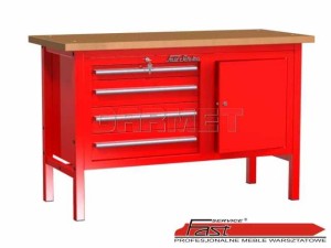 STÓŁ WARSZTATOWY Z 2 SZAFKAMI (4 szuflady + 1 drzwiczki), wyłożony ocynkowaną blachą - 1400 mm - FAST SERVICE (P-3-07-03)